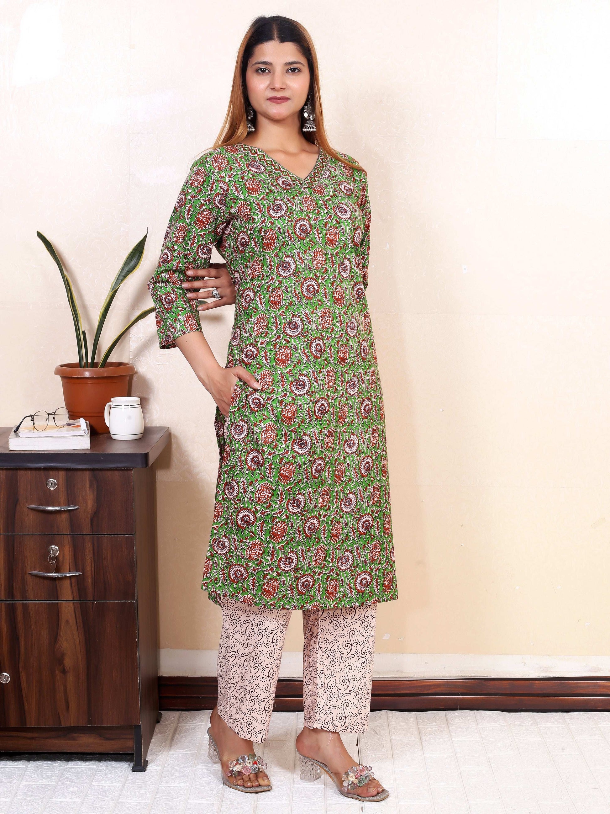 Srishti Textile Floral Handblock Printed Kurti Kurti floral-handblock-printed-kurti-green-v-neck-designer-_1