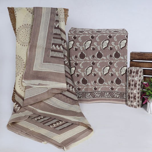Srishti Textile Floral Mulmul Dupatta Set - Cotton Suit Material Unstiched cotton Suit Dress Material floral-mulmul-dupatta-set-beige-brown-patterned-3-piece