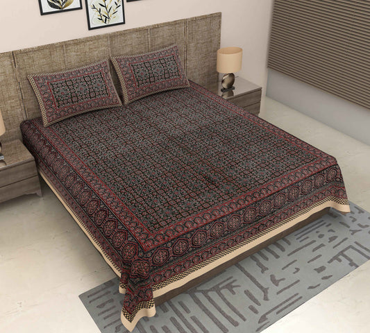 Srishti Textile Geometric Ajrakh Print Bedding Set Bedsheet geometric-ajrak-print-bedding-bedspread-with-pillow-covers