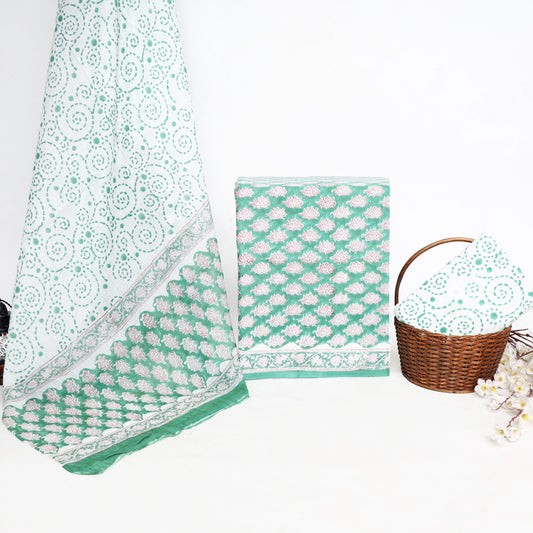 Srishti Textile Green Unstitched Cotton Suit - Handblock Print Sanganeri Handblock Printed Suits green-unstitched-cotton-suit-floral-pattern-light-green-dupattas