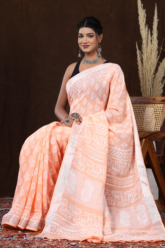 Srishti Textile Hand-Block Linen Saree in Peach Saree hand-block-linen-saree-orange-floral-embroidery-1