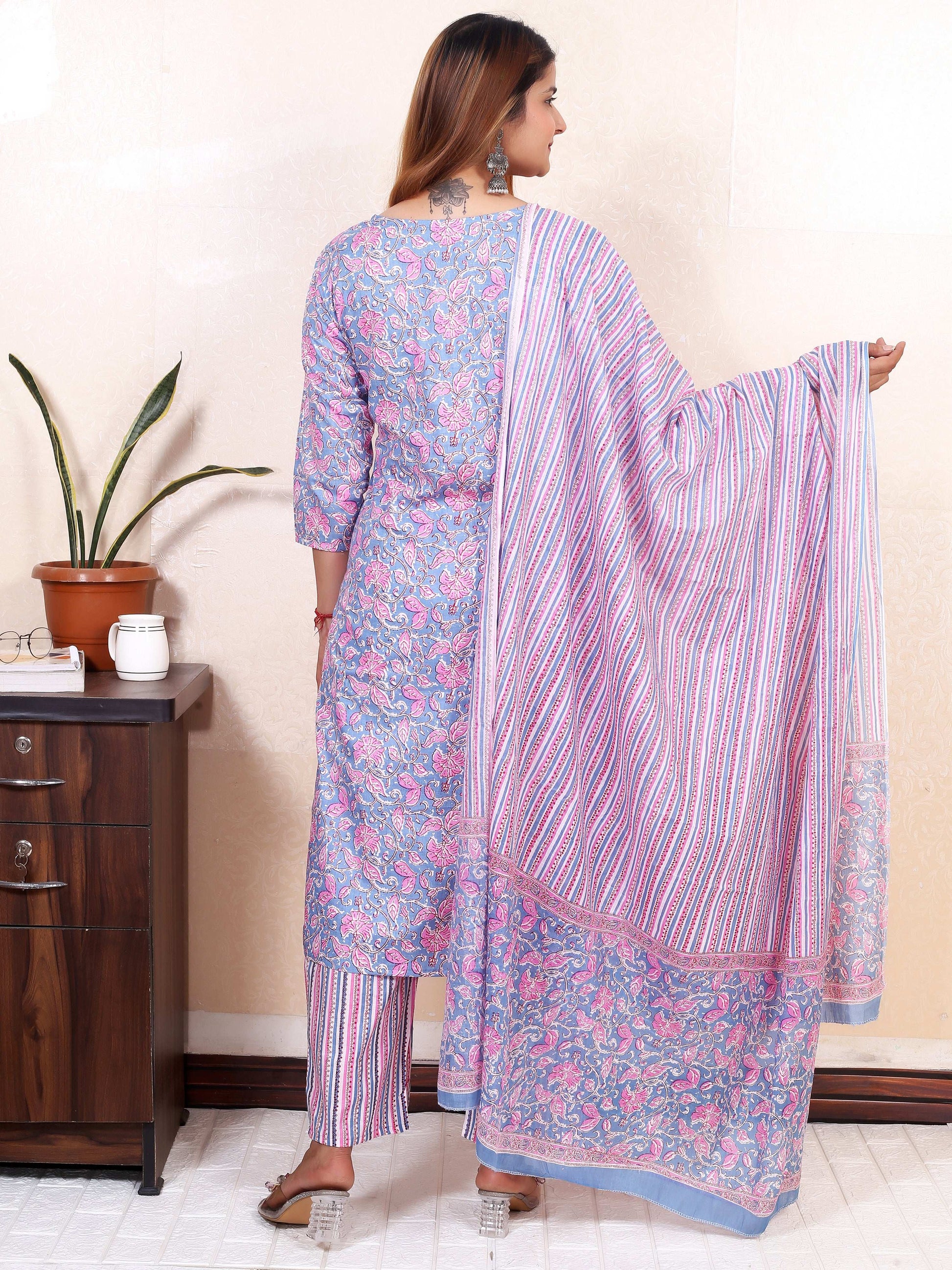 Srishti Textile Handblock Printed Kurti with Dupatta Kurti handblock-printed-kurti-with-dupatta-back-view-_5