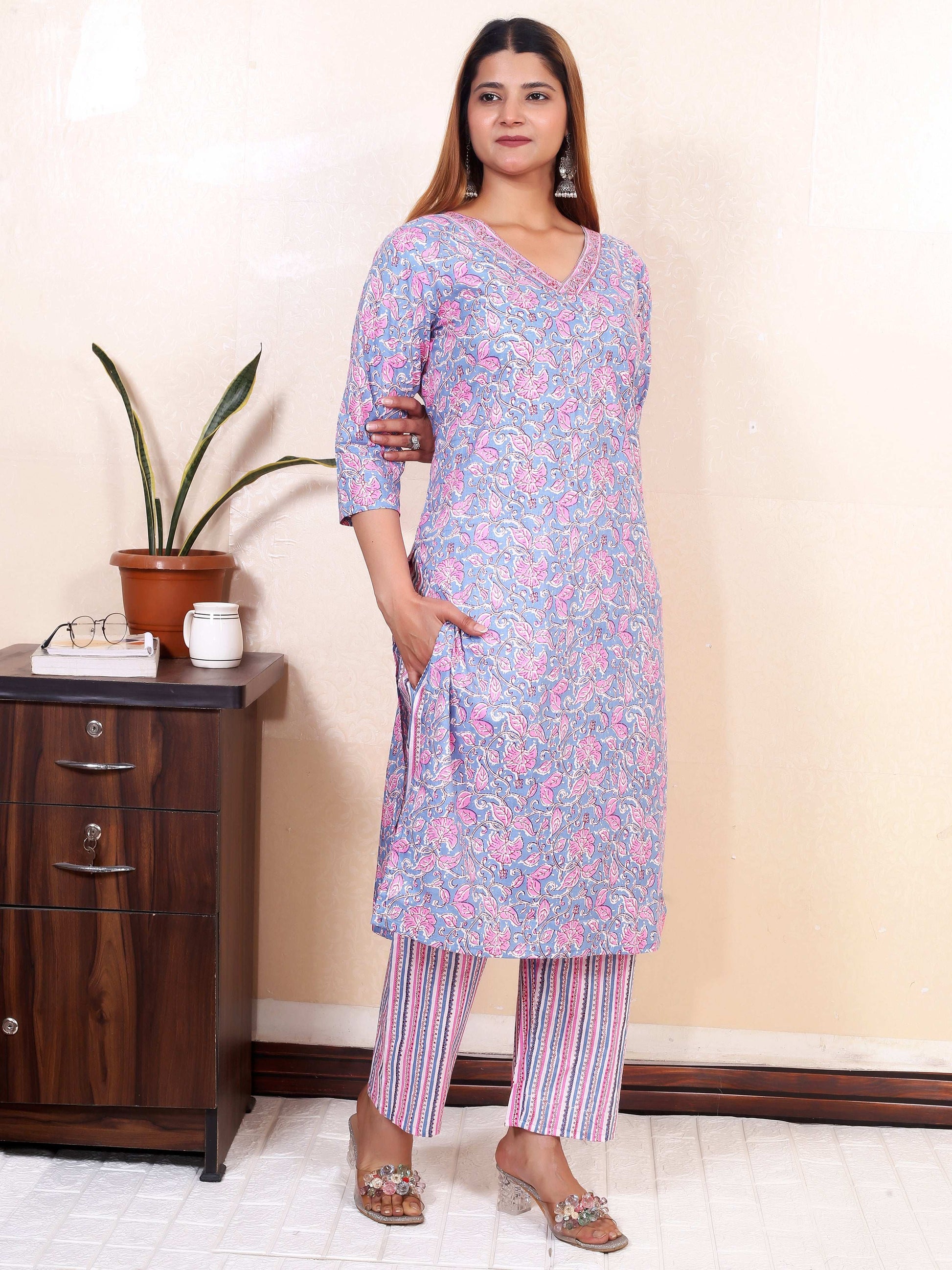 Srishti Textile Handblock Printed Kurti with Dupatta Kurti handblock-printed-kurti-with-dupatta-floral-pattern-_2