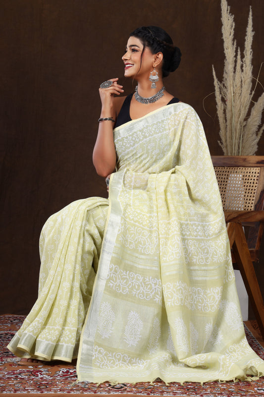 Srishti Textile Handblock Printed Linen Saree Saree handblock-printed-linen-saree-light-yellow-floral-pattern
