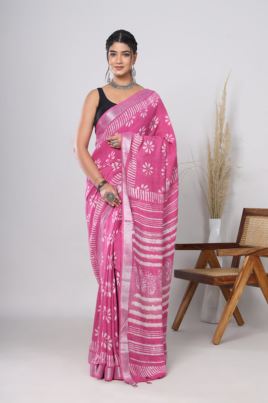 Srishti Textile Handblock Printed Linen Saree Saree handblock-printed-linen-saree-pink-striped-design-1