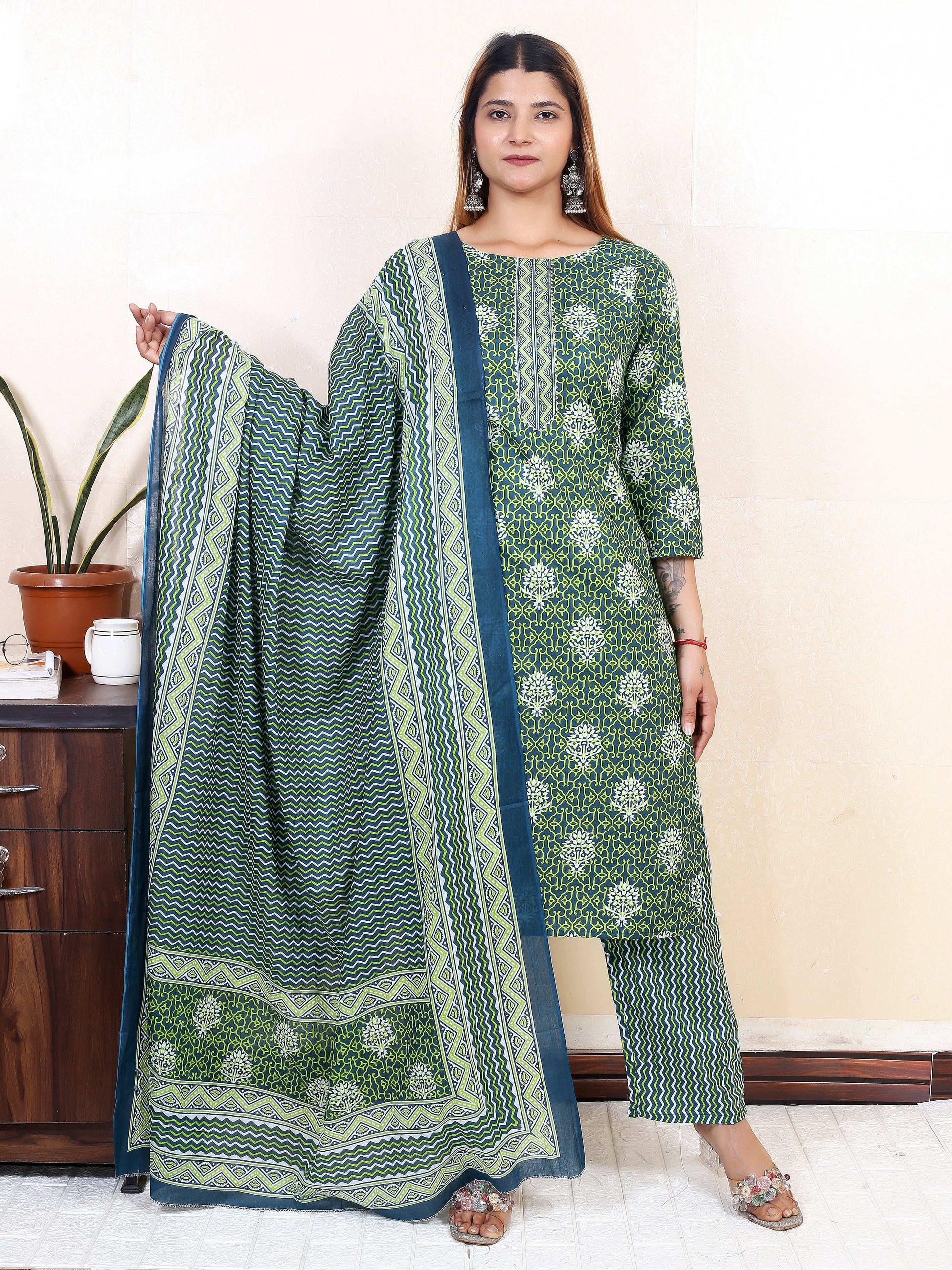 Srishti Textile Jaipuri Handblock Kurti Set in Green Kurti jaipuri-handblock-kurti-set-green-print-with-dupatta-_3