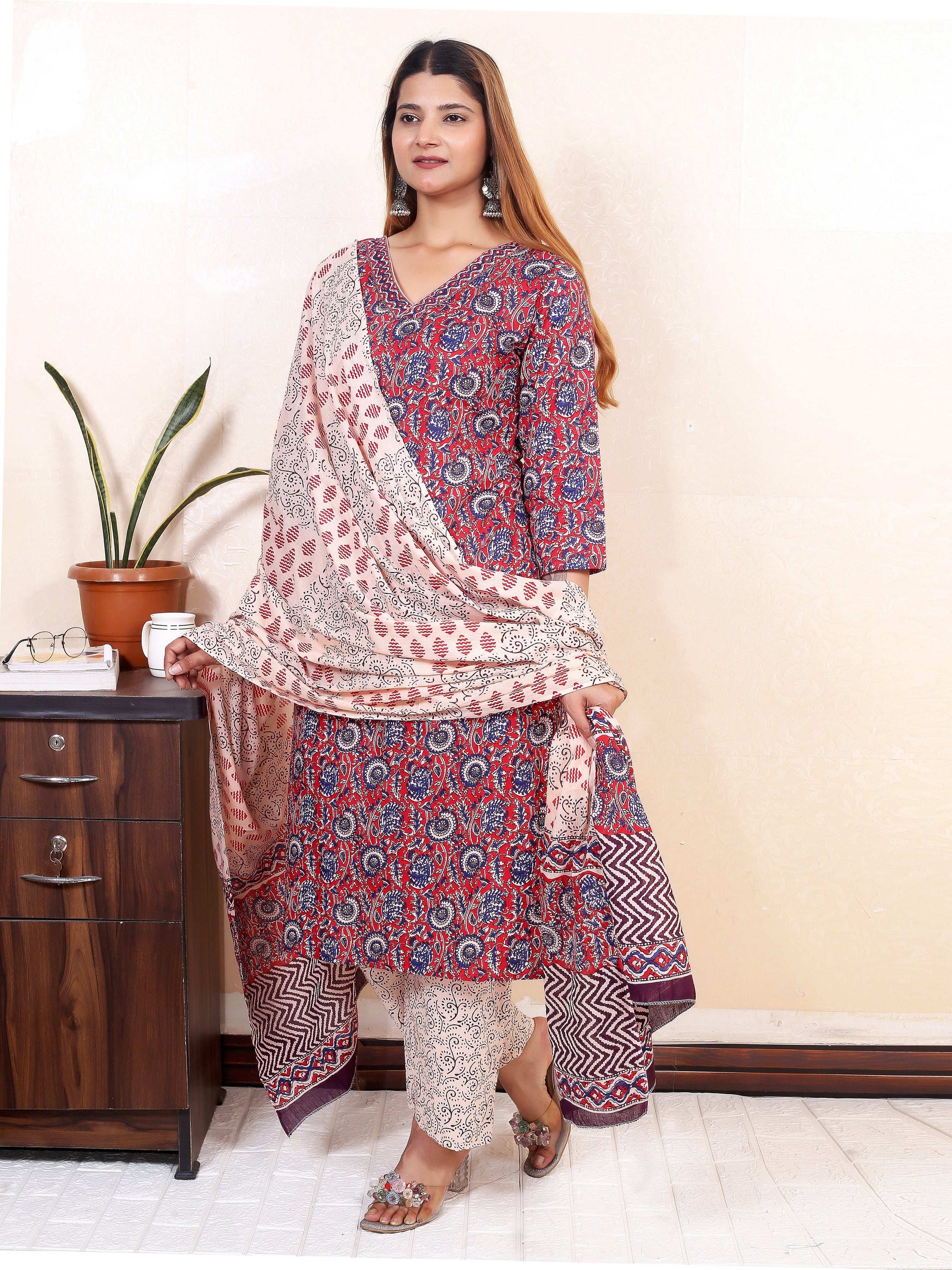 Srishti Textile Jaipuri Handblock Printed Kurti Kurti jaipuri-handblock-printed-kurti-red-patterned-dupatta-side-view-_1