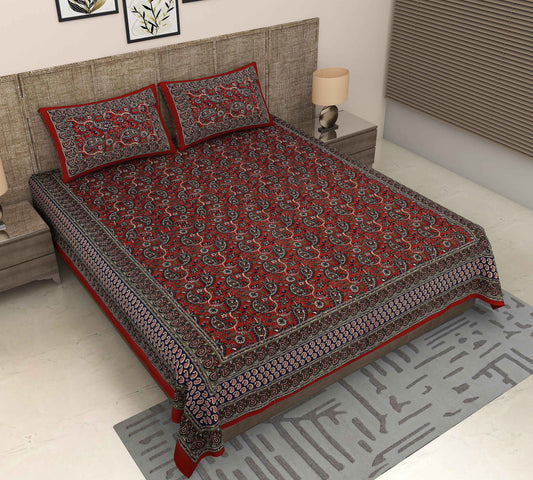 Srishti Textile Jaipuri Kalamkari Bedsheet King Size Bedsheet jaipuri-kalamkari-bedsheet-king-size-red-pattern-bed