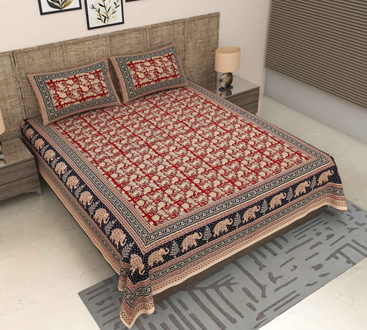 Srishti Textile Jaipuri Kalamkari Bedsheet - Premium Quality Bedsheet jaipuri-kalamkari-bedsheet-red-elephant-design-with-pillowcases