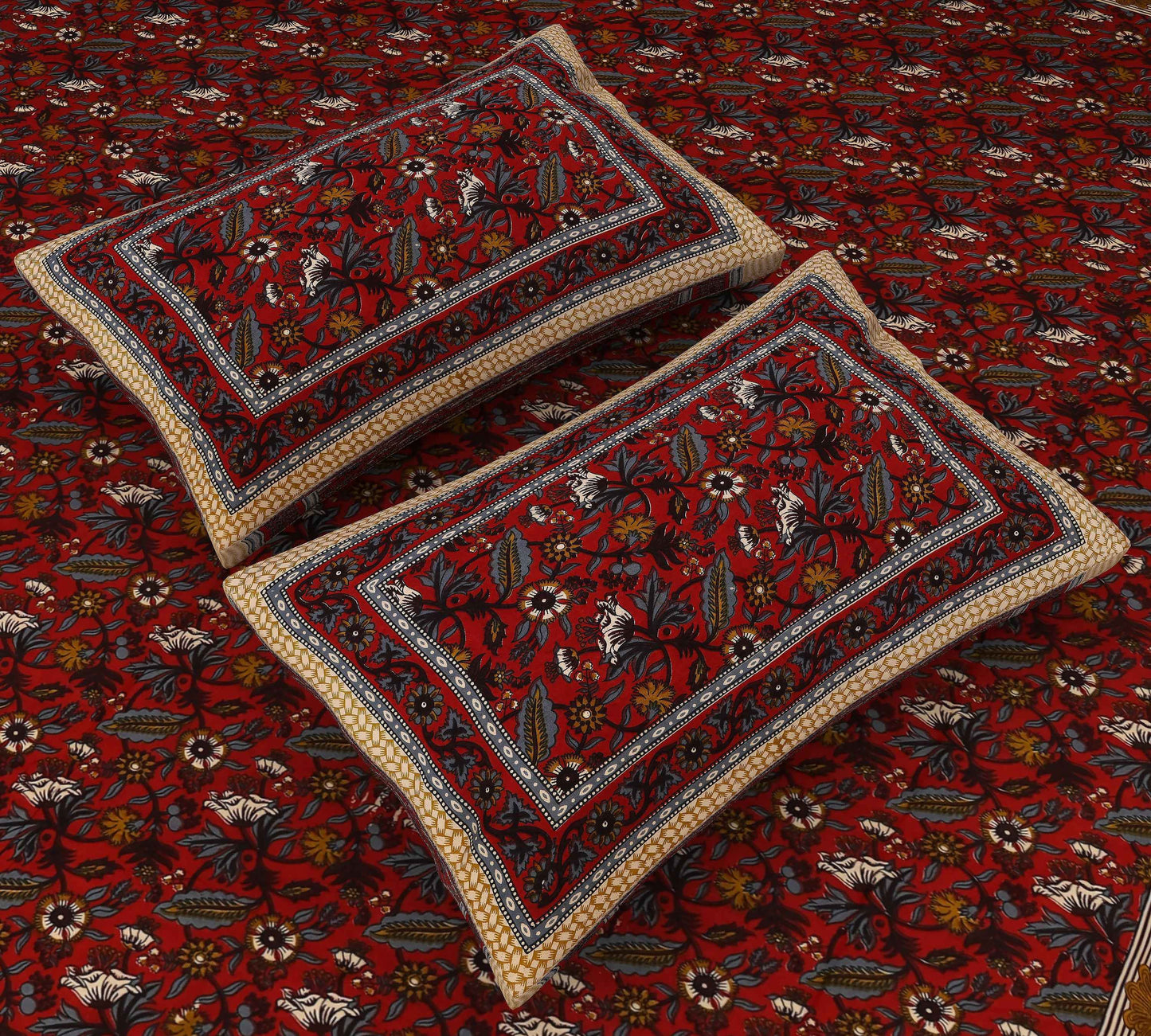 Srishti Textile Jaipuri Kalamkari Floral Bedspread Bedsheet jaipuri-kalamkari-floral-bedspread-pillowcases-red-flowers