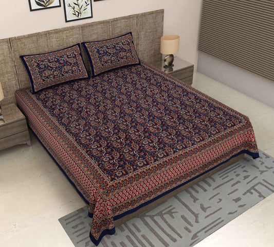 Srishti Textile Kalamkari Sanganeri Cotton Bedsheet Bedsheet kalamkari-sanganeri-cotton-bedspread-navy-floral-pattern