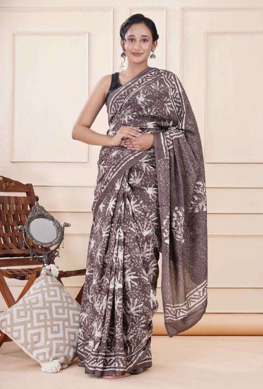 Kashish Print Mulmul Saree by Srishti Textile Saree kashish-print-mulmul-saree-brown-floral-pattern