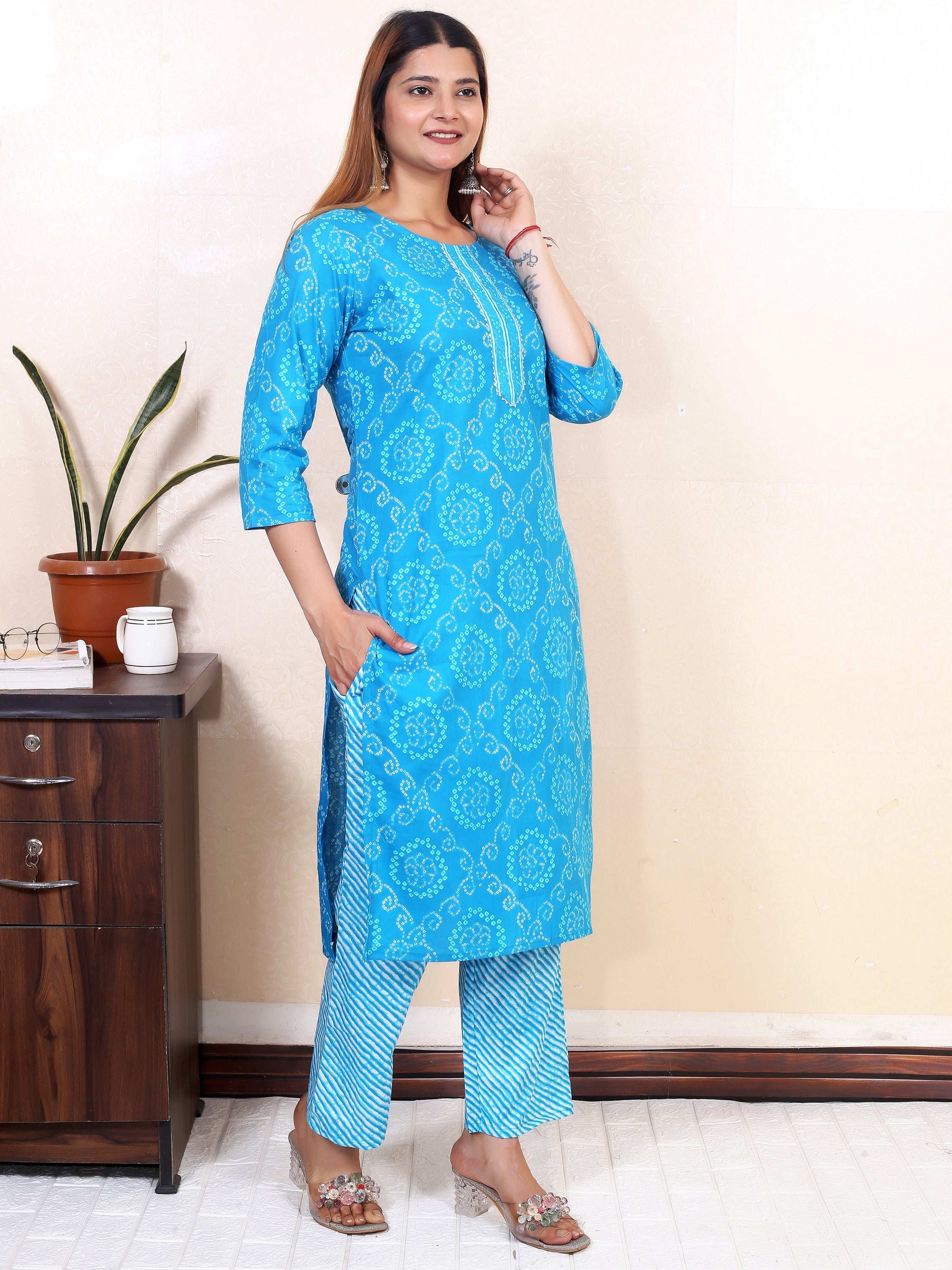 Srishti Textile Laheriya Print Kurti with Dupatta Kurti laheriya-print-kurti-with-dupatta-blue-floral-pattern-_2