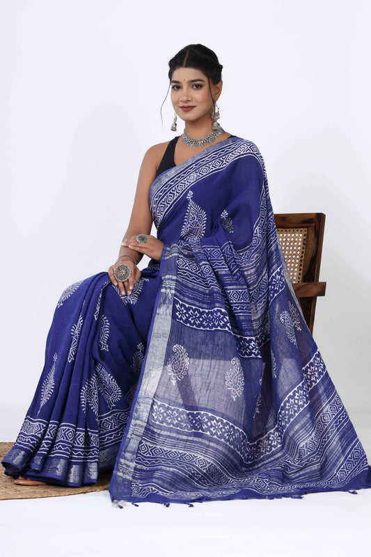 Srishti Textile Linen Hand Block Printed Saree Saree linen-hand-block-printed-saree-dark-blue-patterned