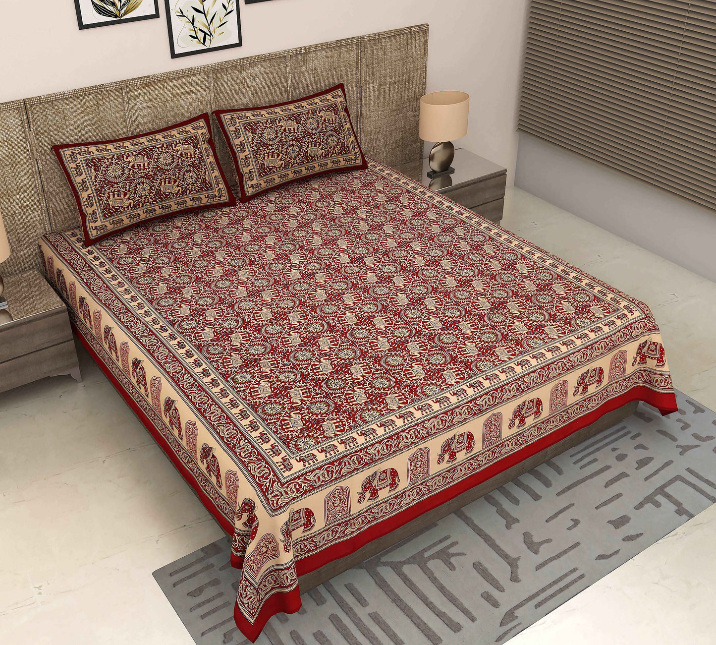 Srishti Textile Maroon Geometric Cotton Bedsheet Bedsheet maroon-geometric-cotton-bedsheet-full-view-bed
