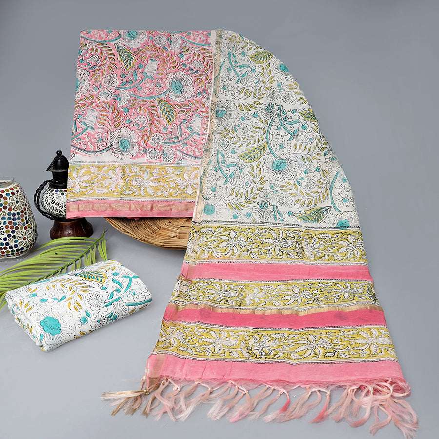 Pink Floral Chanderi Material by Srishti Textile Chanderi Suit pink-floral-chanderi-material-elegant-scarf-with-fringe-_1