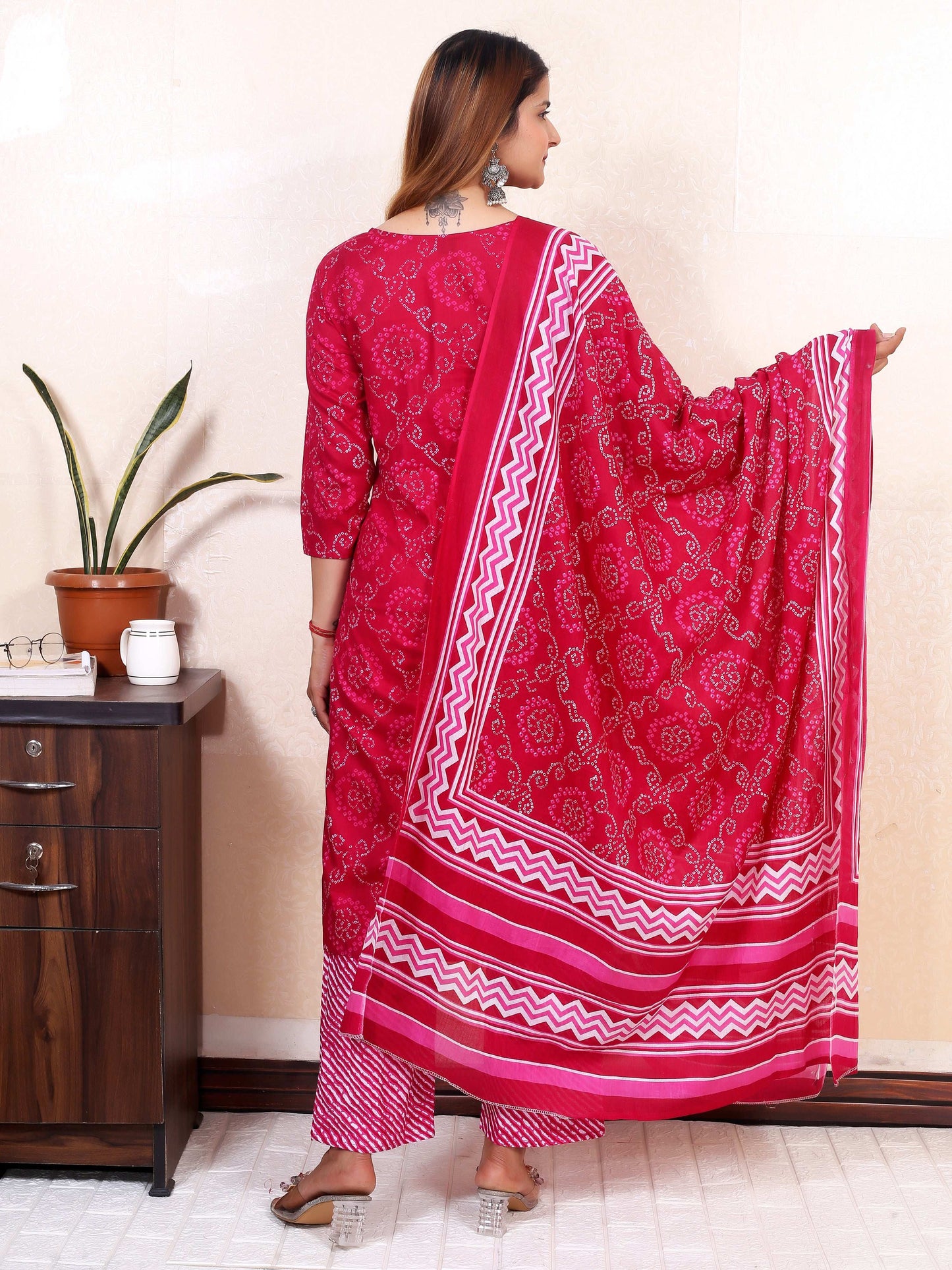 Srishti Textile Pink Lahariya Cotton Kurti Set Kurti pink-lahariya-cotton-kurti-set-back-view-_5