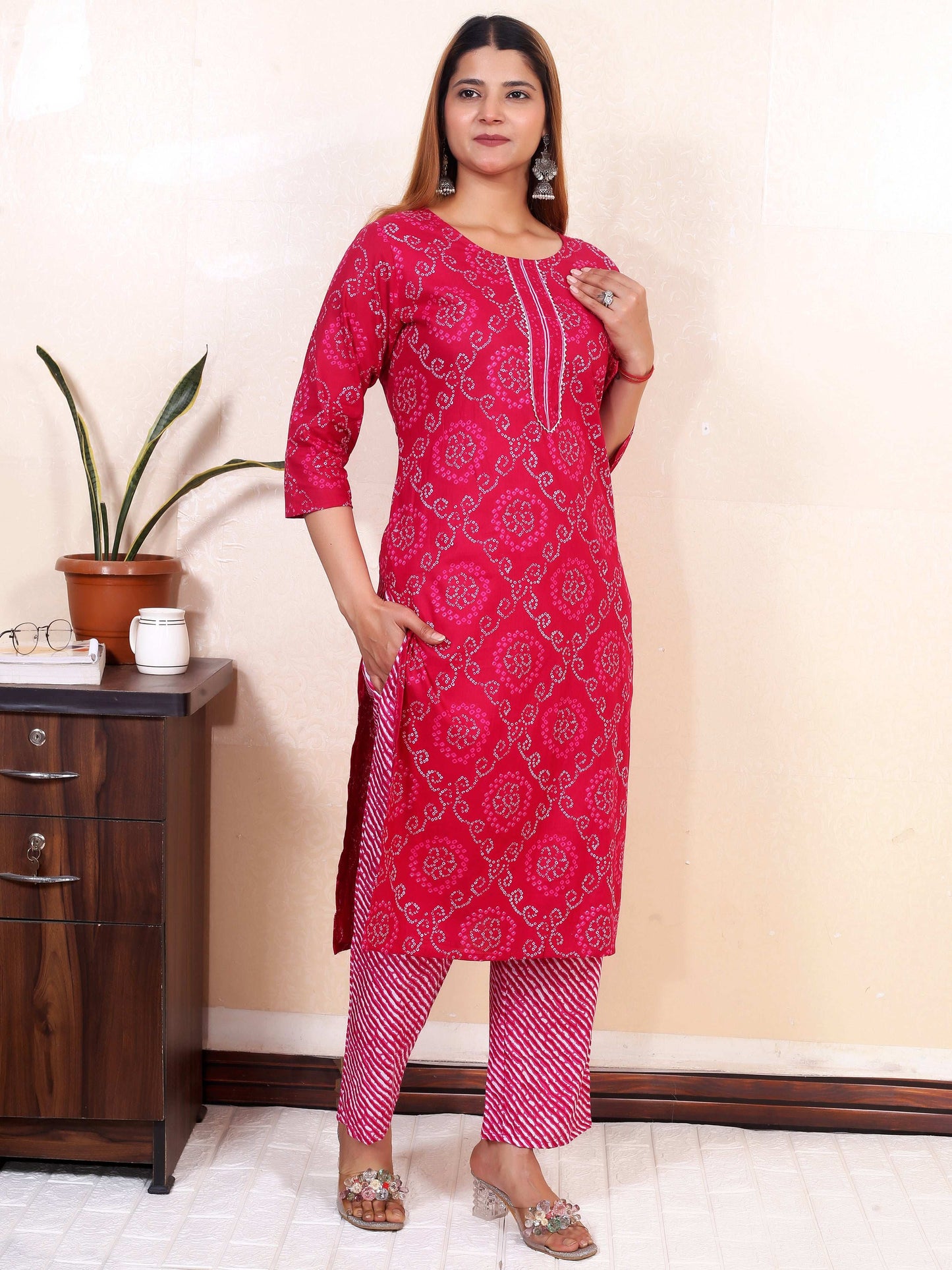 Srishti Textile Pink Lahariya Cotton Kurti Set Kurti pink-lahariya-cotton-kurti-set-front-view-_2