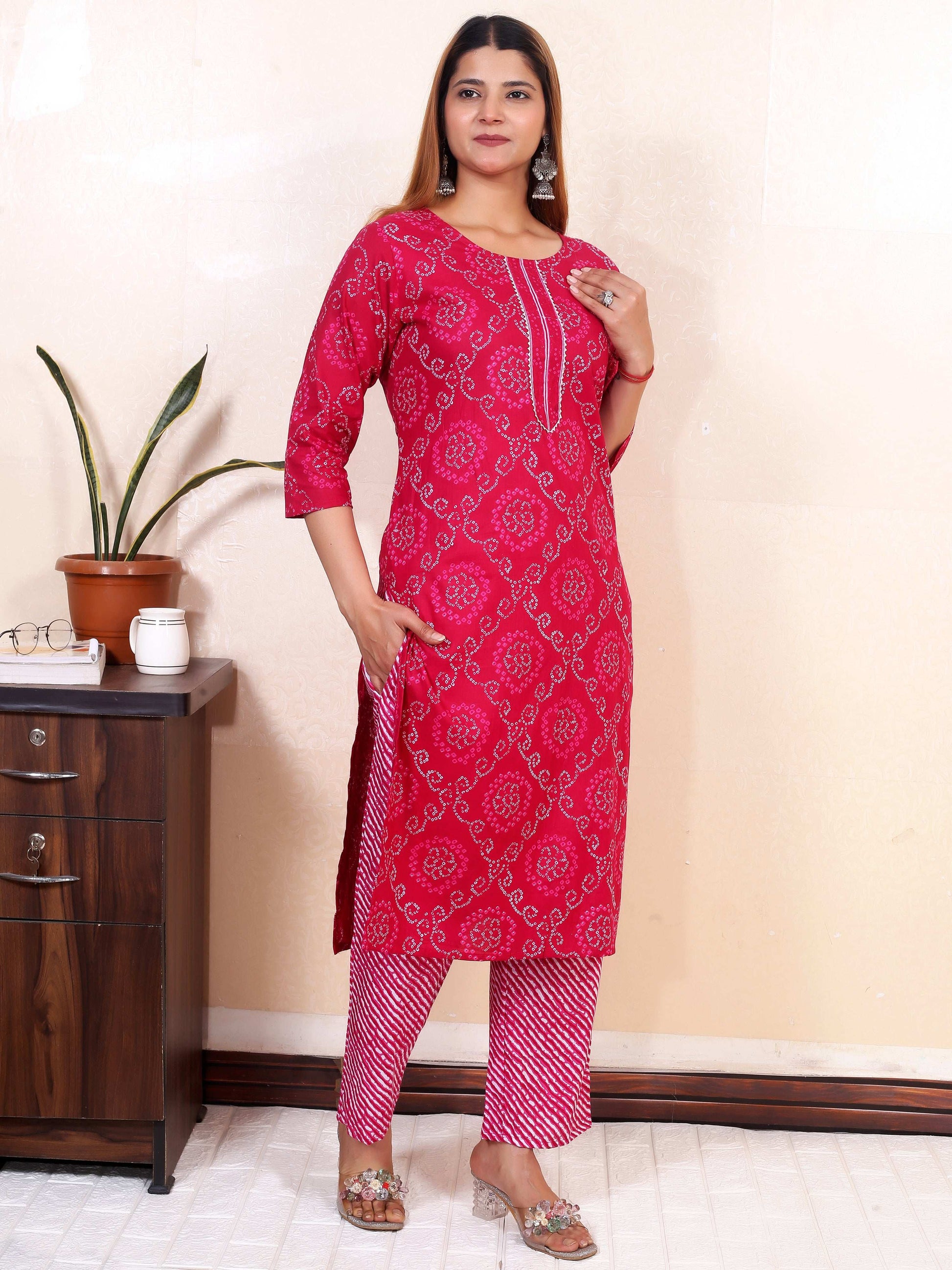 Srishti Textile Pink Lahariya Cotton Kurti Set Kurti pink-lahariya-cotton-kurti-set-front-view-_2