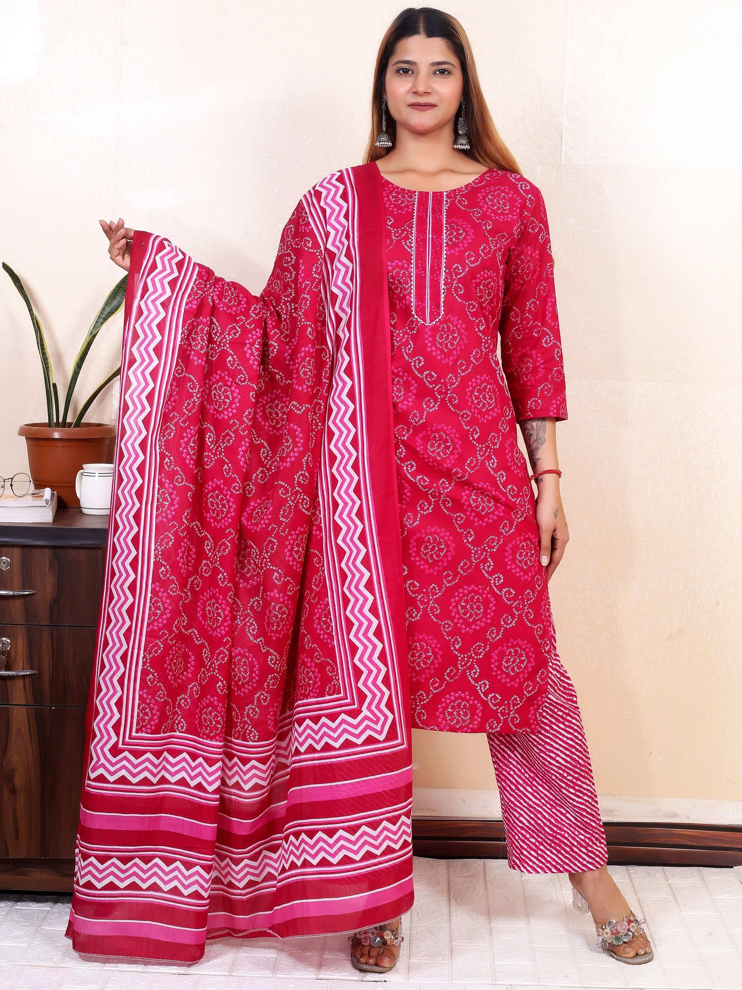 Srishti Textile Pink Lahariya Cotton Kurti Set Kurti pink-lahariya-cotton-kurti-set-pillow-cushion-pair-_3