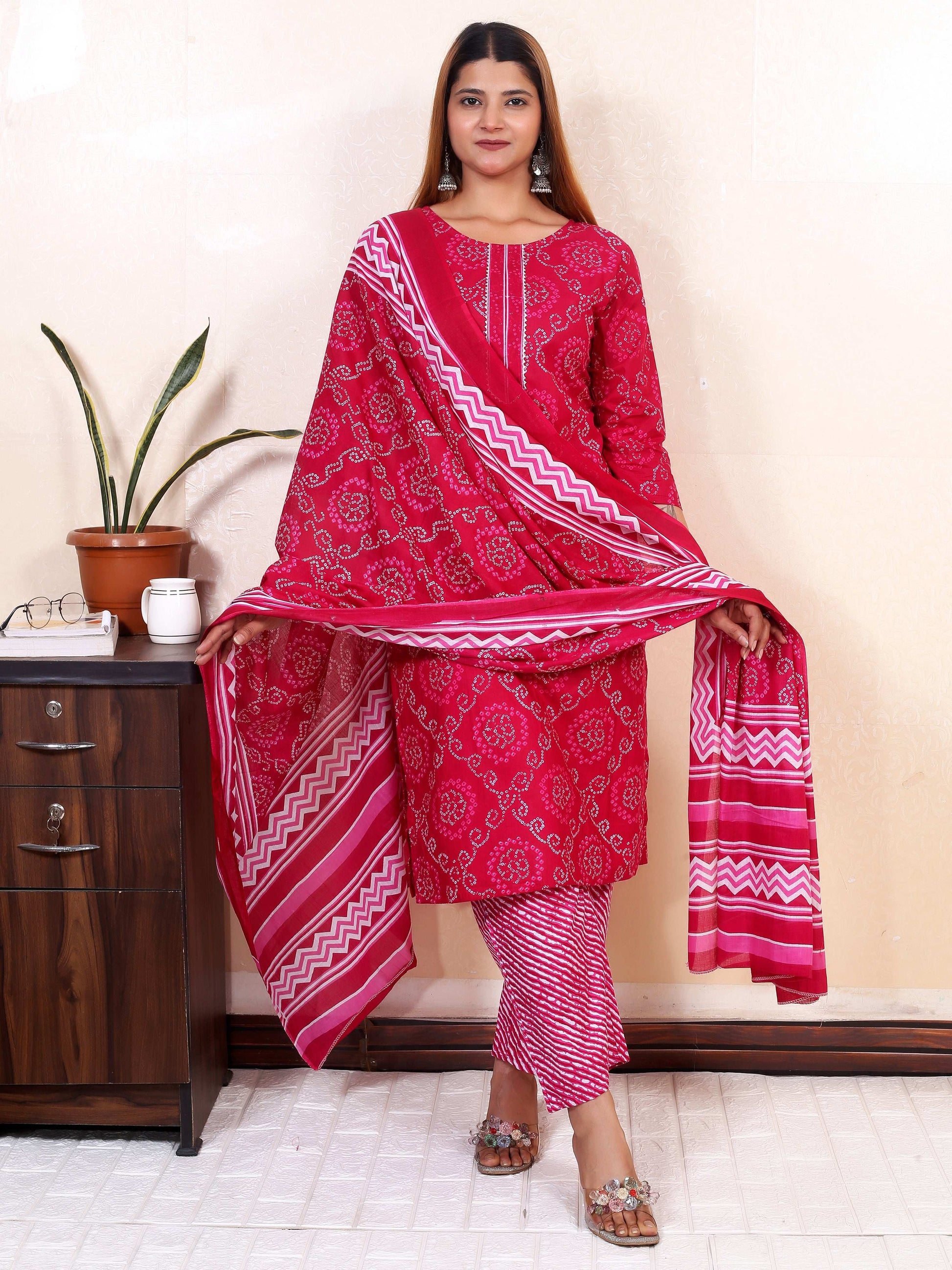 Srishti Textile Pink Lahariya Cotton Kurti Set Kurti pink-lahariya-cotton-kurti-set-with-dupatta-_1