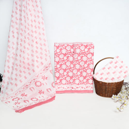 Srishti Textile Pink Unstitched Cotton Suit - Handblock Printed Sanganeri Handblock Printed Suits pink-unstitched-cotton-suit-floral-design-with-basket