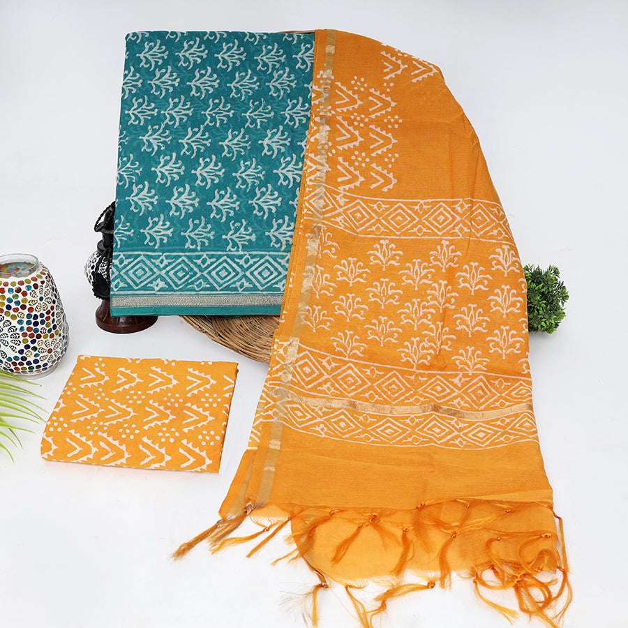 Premium Chanderi Suit Online by Srishti Textile Chanderi Suit premium-chanderi-suit-online-blue-orange-patterned-scarf-_1