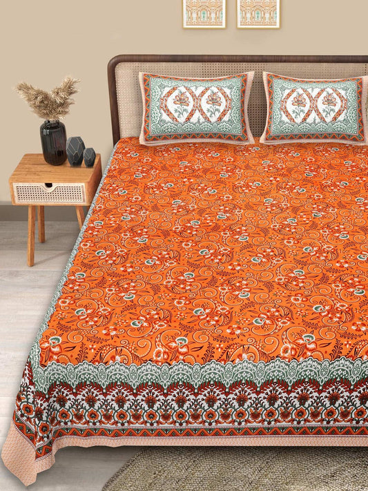 Srishti Textile Premium Floral Boota Bedsheet - King Size KING SIZE BEDSHEET premium-floral-boota-bedsheet-orange-with-pair-of-pillow-covers-_1
