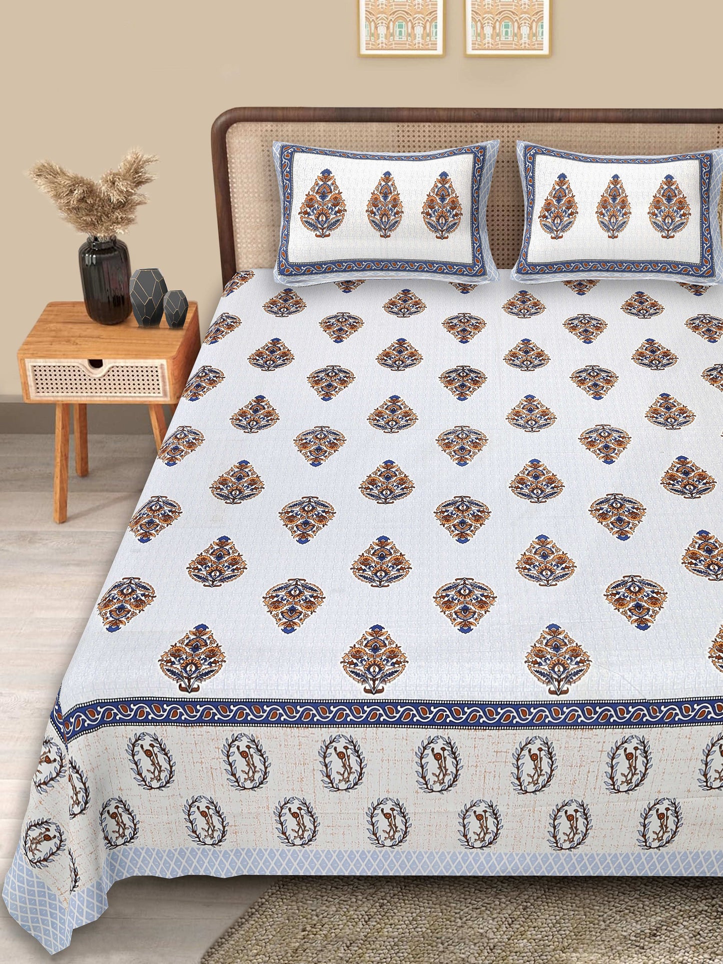 Srishti Textile Premium Jaipuri Cotton Bedsheet - King Size KING SIZE BEDSHEET premium-jaipuri-cotton-bedsheet-full-set-with-pillows-_1