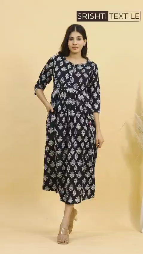 Jaipuri HandBlock Printed Cotton Long Kurti: Booti Design in Black and White with Handy Pocket