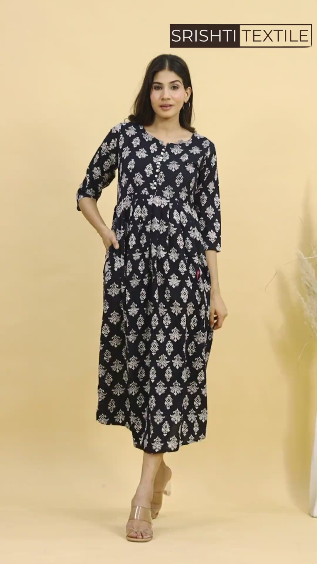 Chic Black and White HandBlock Printed Cotton Long Kurti with Block Print Design and Handy Pocket