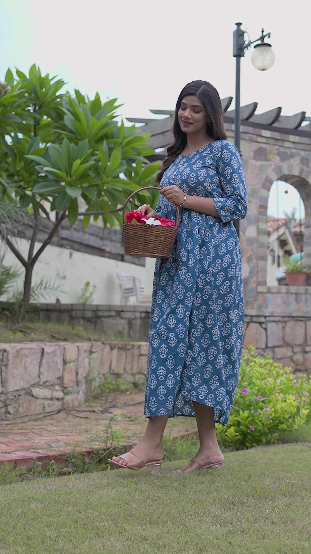 Indigo Blooms: Handblock Printed Cotton Long Kurti with Pocket