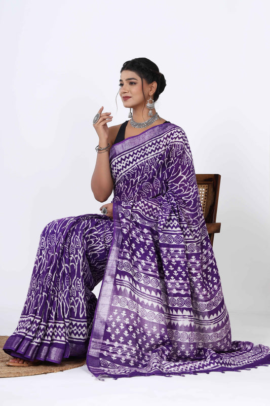 Srishti Textile Purple Block Print Saree - Elegant Design Saree purple-block-print-saree-model-sitting-1