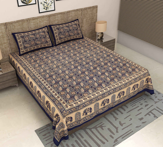 Srishti Textile Bagru printed king size bedsheet - Elephant Bedsheet rajasthan-bagru-printed-king-size-bedsheet-full-bed-view-navy-beige-elephant-border
