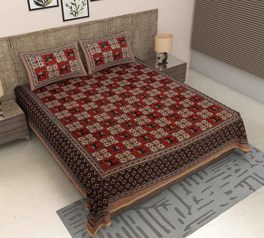 Srishti Textile Rajasthani Bagru Printed Bedsheet Bedsheet rajasthani-bagru-printed-bedsheet-red-patterned-with-pillows