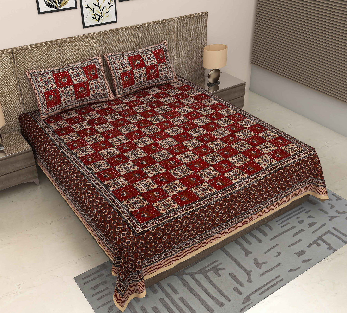 Srishti Textile Rajasthani Red Cotton Bedsheet Bedsheet rajasthani-red-cotton-bedsheet-bedspread-with-pillowcases