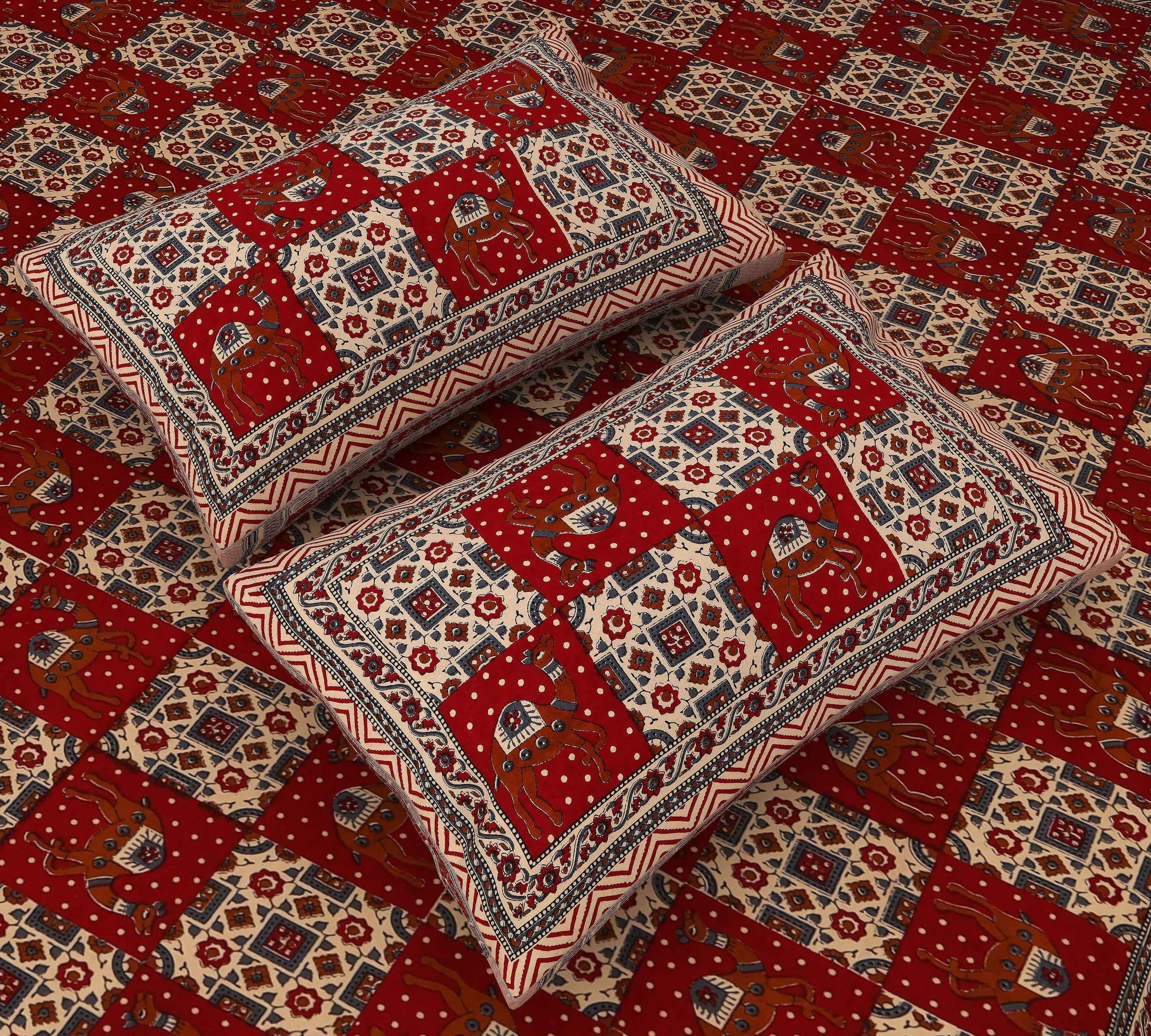 Srishti Textile Rajasthani Red Cotton Bedsheet Bedsheet rajasthani-red-cotton-bedsheet-pillowcases-close-up