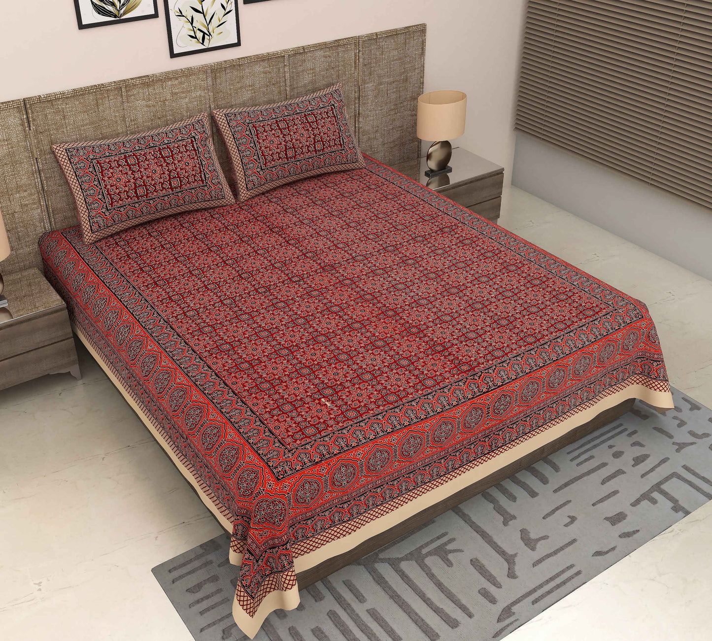 Srishti Textile Red Ajrakh Geometric Bedsheet Bedsheet red-ajrakh-geometric-bedsheet-full-view-with-pillows