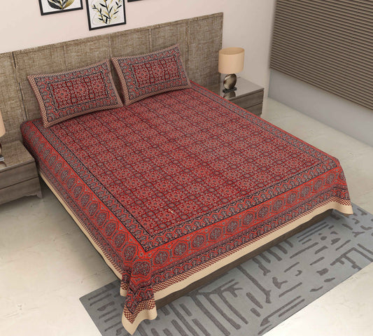 Srishti Textile Red Ajrakh Geometric Bedsheet Bedsheet red-ajrakh-geometric-bedsheet-full-view-with-pillows