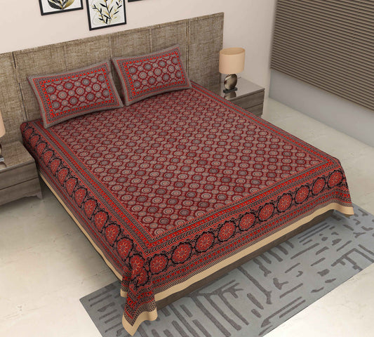 Srishti Textile Red Cotton Printed Bedsheet Set Bedsheet red-cotton-printed-bedsheet-king-size-with-pillow-cases