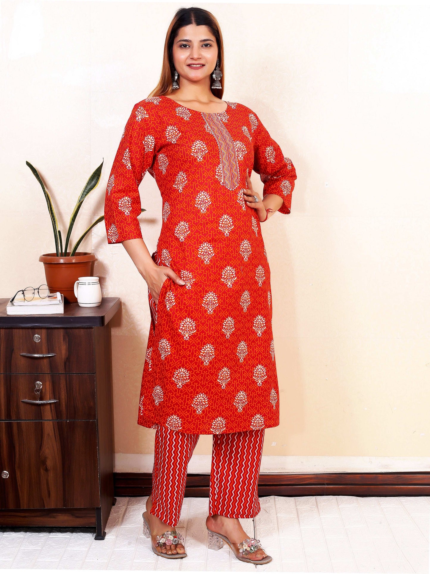 Srishti Textile Red Floral Cotton Kurti and Pants Kurti red-floral-cotton-kurti-and-pants-pillow-set-_2