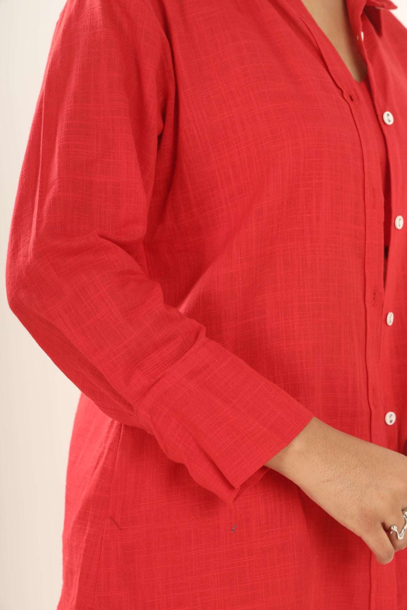 Srishti Textile Red Khadi Co-ord Set for Stylish Comfort Cord Set red-khadi-co-ord-set-detail-shirt-sleeve-_14