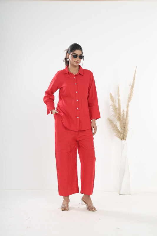 Srishti Textile Red Khadi Co-ord Set for Stylish Comfort Cord Set red-khadi-co-ord-set-front-view-shirt-pants