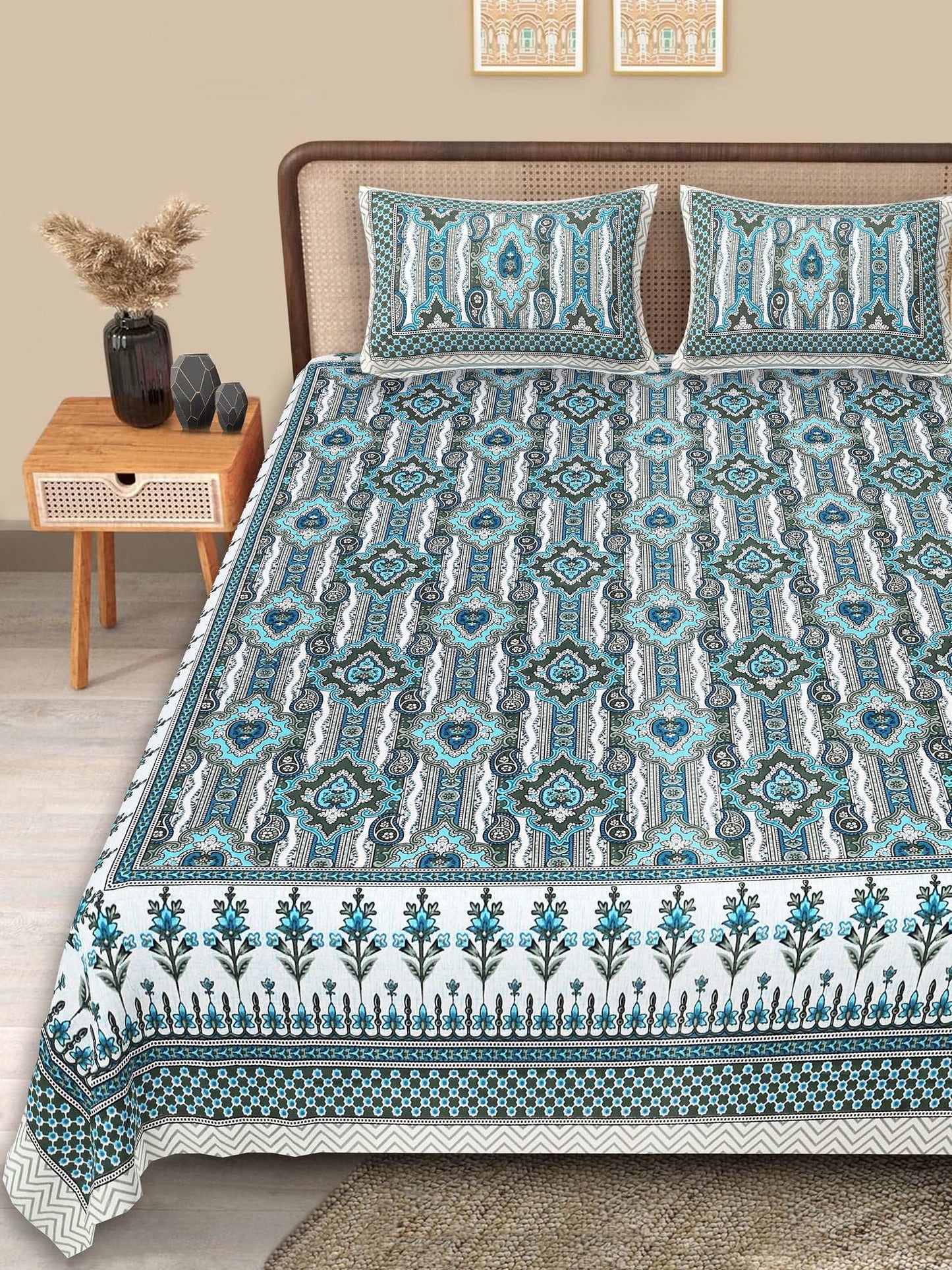 Srishti Textile Designer Bedsheet for King Size Beds KING SIZE BEDSHEET srishti-textile-designer-bedsheet-full-set-teal-floral-_1