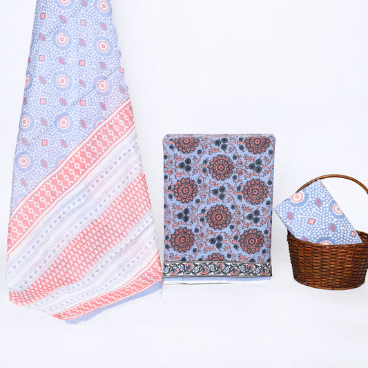 Srishti Textile Tealish Blue Cotton Unstitched Suit Sanganeri Handblock Printed Suits tealish-blue-cotton-unstitched-suit-patterned-fabric-set