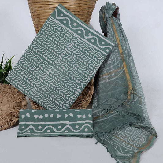 Srishti Textile Unstitched Bagru Floral Suit Dress Material Unstiched cotton Suit Dress Material With Kota Doria Dupatta unstitched-bagru-floral-suit-green-patterned-fabric-and-scarf