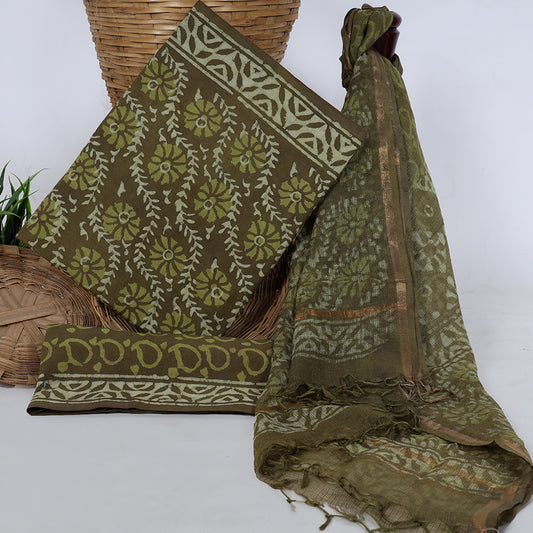 Srishti Textile Yellowish Orange Suit with Dupatta Unstiched cotton Suit Dress Material With Kota Doria Dupatta vendor-yellowish-orange-suit-with-dupatta-green-patterned-fabric