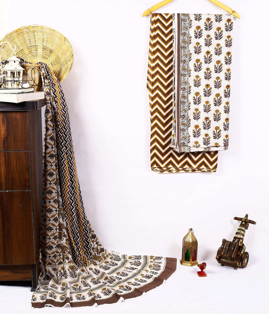 Srishti Textile White Floral Boota Dress Material Unstiched cotton Suit Dress Material white-floral-boota-dress-material-brown-geometric-pattern-_1