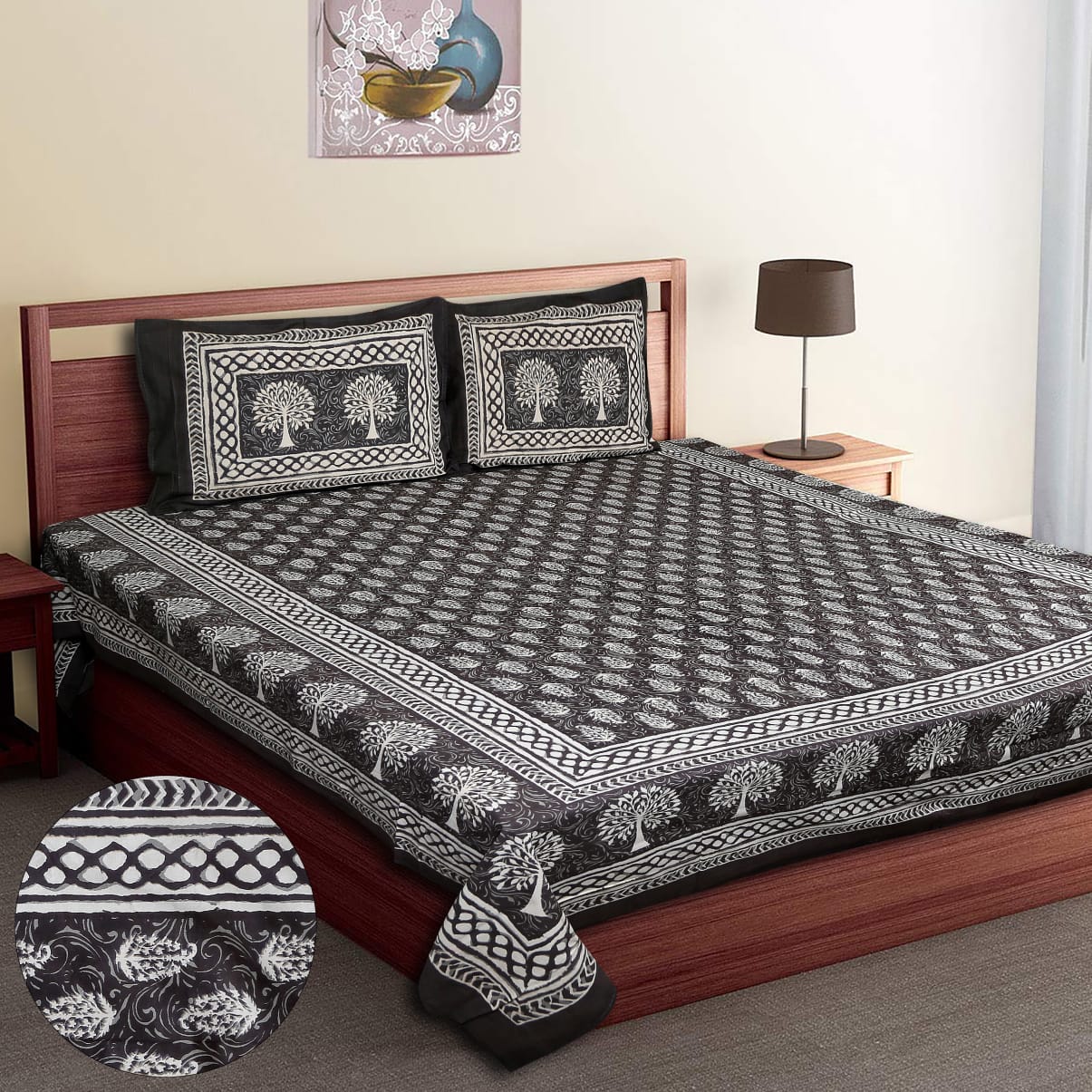 90X108 Dabu Printed Cotton Bedsheet with Pillow - Kashish Print