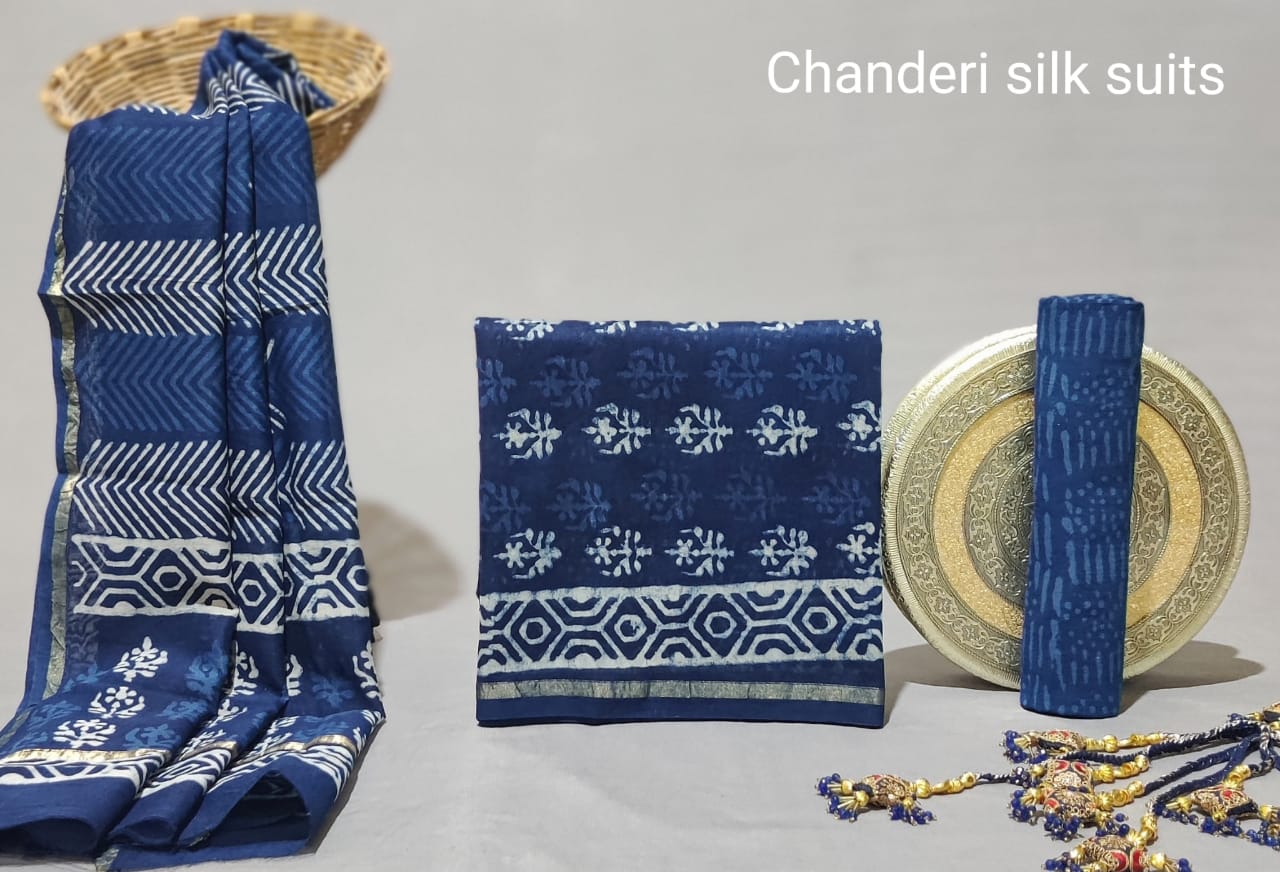 Indigo Chanderi Hand Block Print Dress Material – RKG SHOPPING
